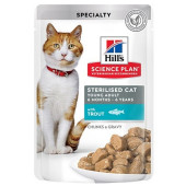 Hills Science Plan Feline Young Adult Sterilised Pouches Trout - Паучове с пъстърва, малки късчета в сос Грейви, за кастрирани котки 12 х 85гр,